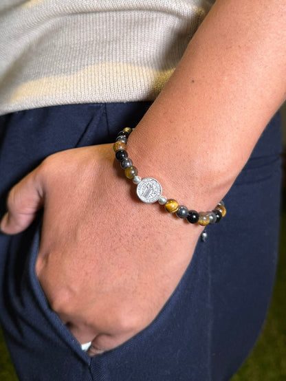 PULSERA SAN BENITO DE PROTECCIÓN PLATA 950 CON OJO DE TIGRE